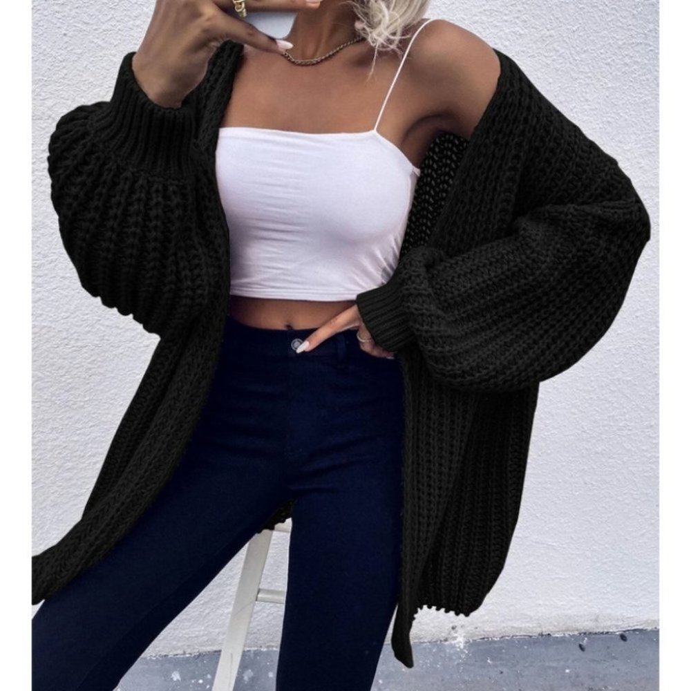 black Chunky Knit Open front comfy cozy sweater Cardigan - Picture 1 of 10